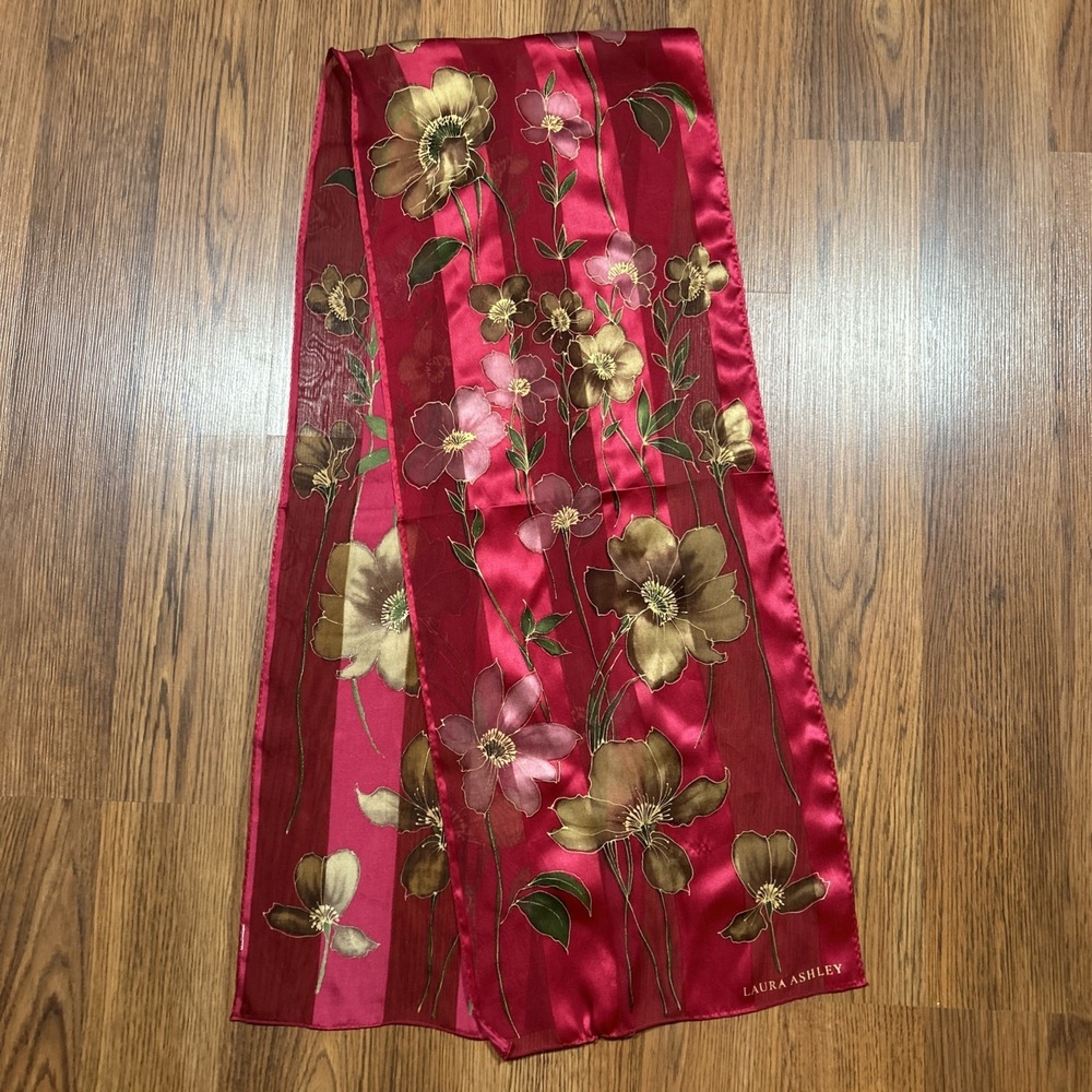 Laura Ashley‎ Neck Scarf 13in x 60in Sheer Floral Print Red Striped Silk